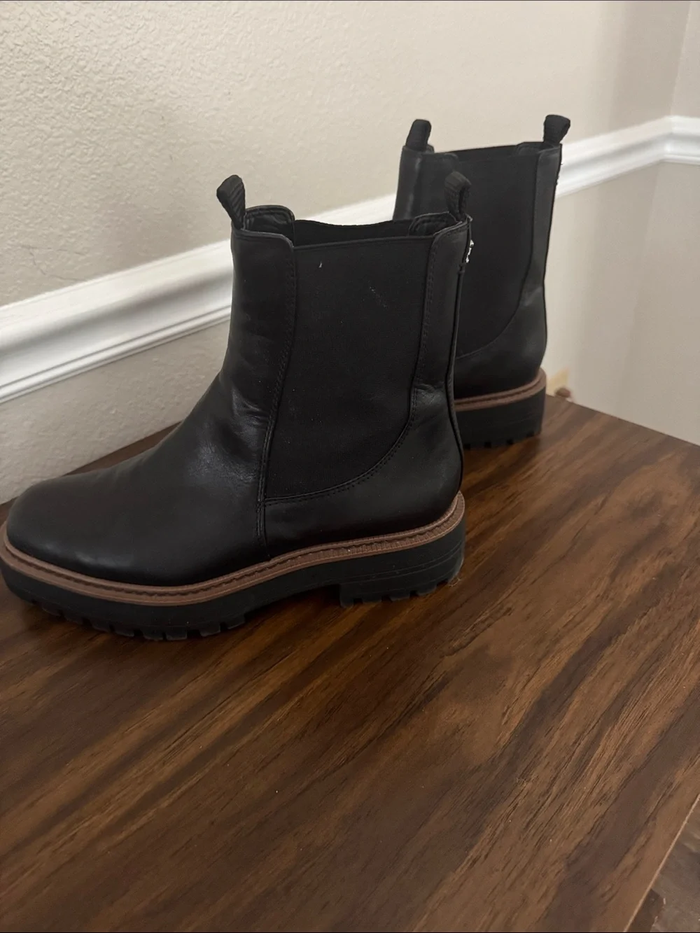 Sam Edelman Black Leather Chelsea Lug Booties with Brown Trim